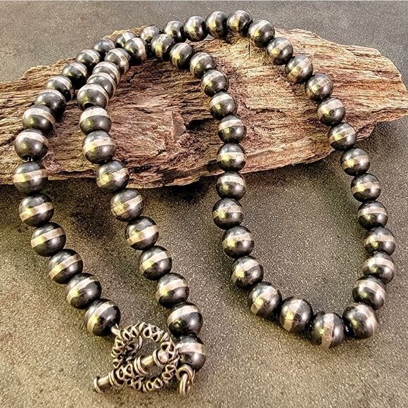 Sterling Desert Pearl Stripes 10mm Ball Mexico Necklace - Picture 1 of 7